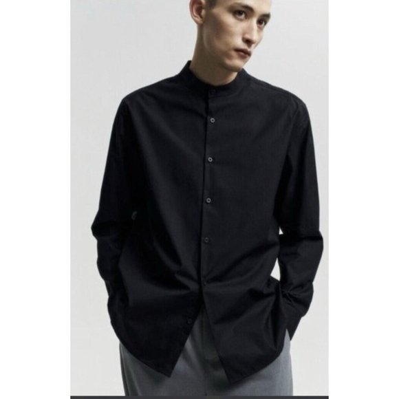 Zara Men Slim Fit XL Band Collar Long sleeve button Black Shirt Cotton Textured - Picture 9 of 9